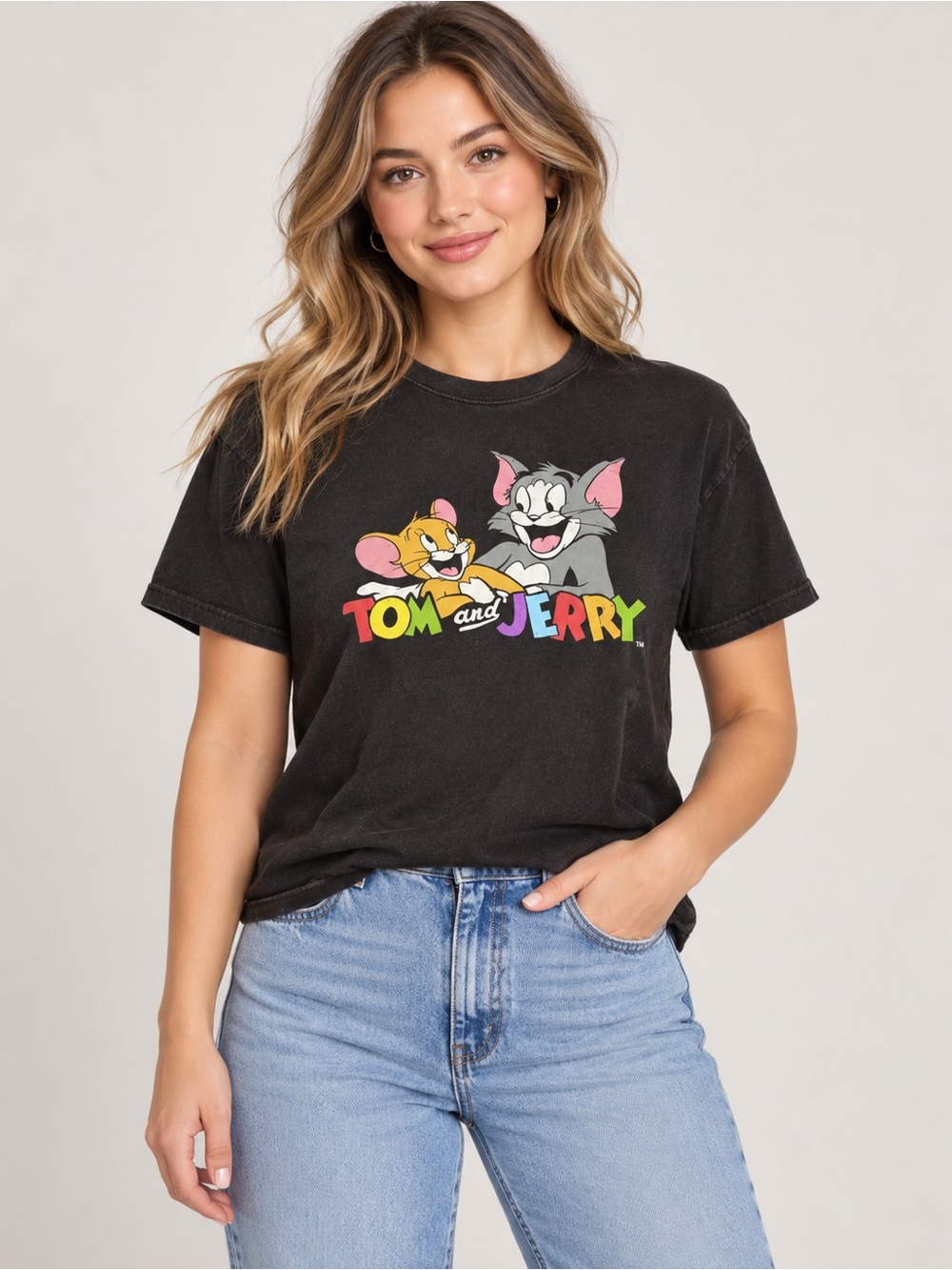 Tom and‎ Jerry Graphic T-Shirt Cartoon Characters Tee Black Size M